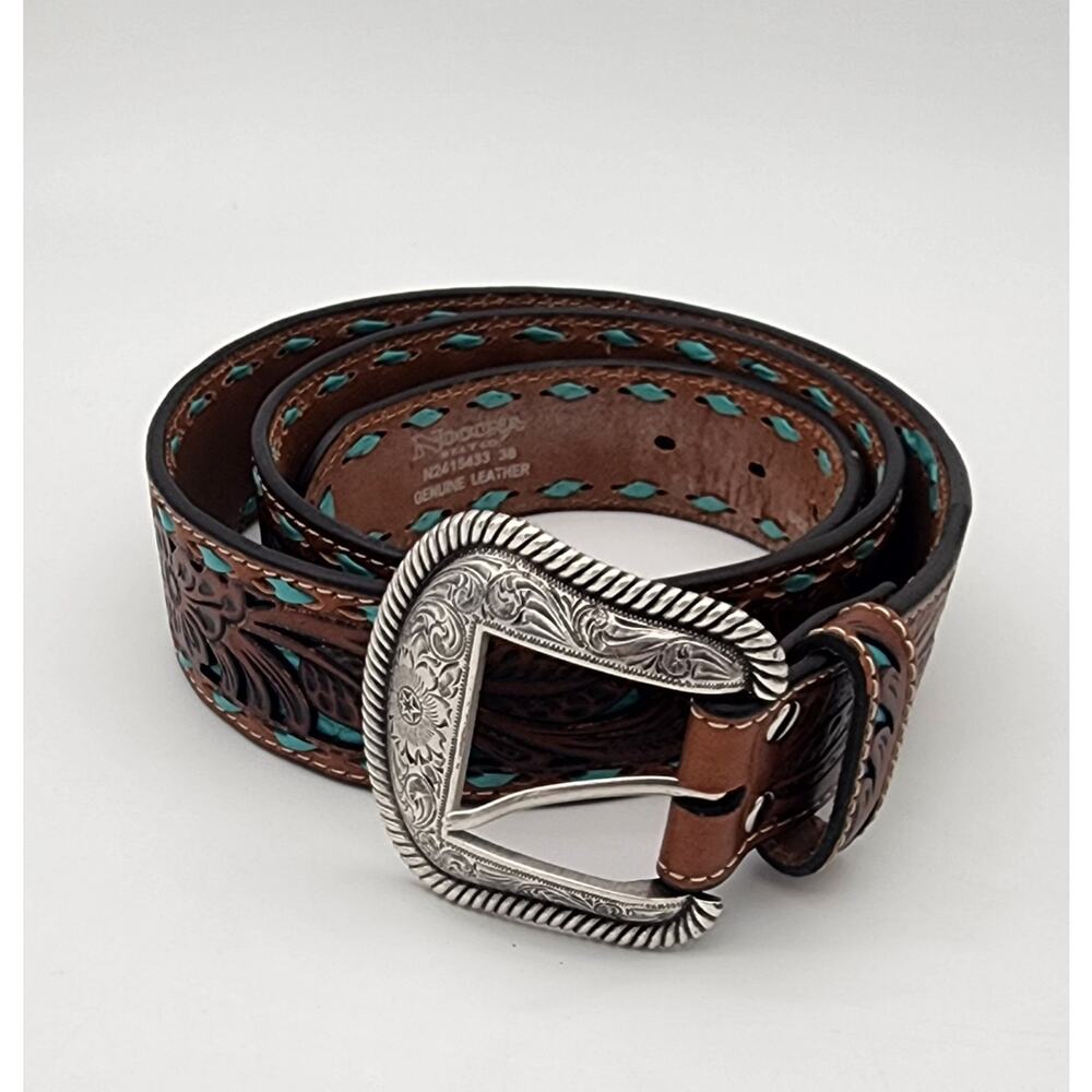 Nocona Western Belt Genuine Leather Laced Floral Brown Turquoise N2415433 Sz 38